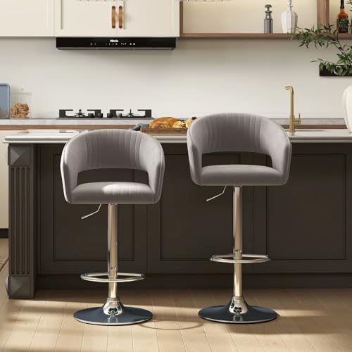 Hyfirm Set of 2 Modern Kitchen Bar Chairs with Gold Chrome Base, Adjustable Swivel Bar Stools with Back and Footrest, Cream PU Leather Counter Height Stools for Kitchen Island, Home Ba