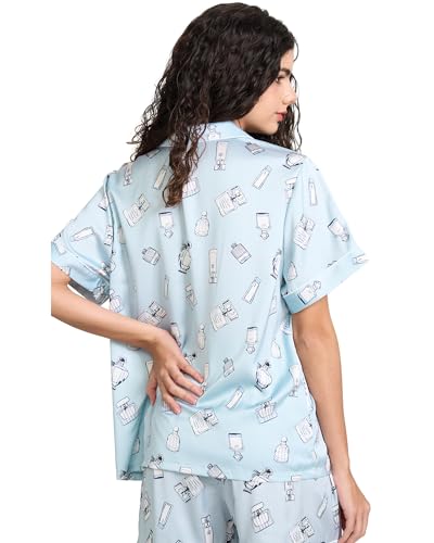 Image of YiNi LuLu Womens Silk Satin Shorts Pajamas Set Button Down 2 Piece Pjs Short Sleeve Oversized Sleepwear with Pockets