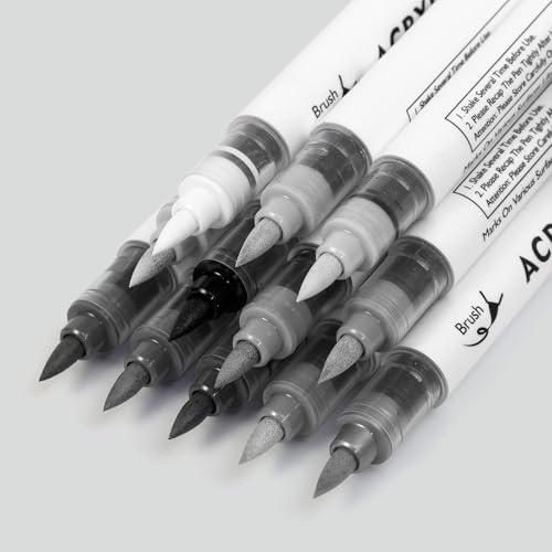 Image of Grey Tones Acrylic Paint Pens, 12 Colors Markers Set with Soft Brush & Bullet Tip, for Rock, Painting, Wood, Glass, Ceramic, Canvas, Stone, DIY Crafts, Making Art Supplies, Fabric Paint