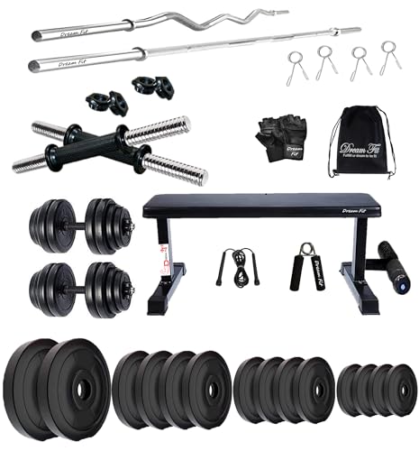 Image of DREAM FIT PVC Home Gym Set - 60 kg with 1 Flat Bench with Foot Extension, 3 ft Curling Rod, 5 ft Straight Rod, 1 Pair Dumbbell rods and Gym Accessories (60kg)