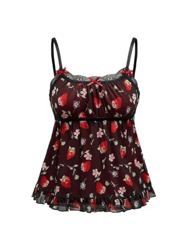 WDIRARA Women's Plus Size Strawberry Print Cami Top Mesh Camisole