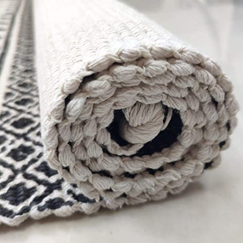 USTIDE Moroccan Cotton Tassel Rug Black&Cream Laundry Room Boho Bath Rug Machine Washable Woven Braided Doormat Hearth Rug for Bathroom Kitchen Bedroom 60x130cm - Image 3