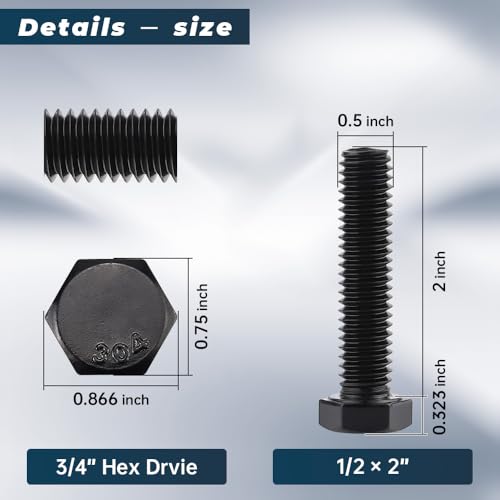 Image of Glvaner 1 /2-13 x 2 Stainless Steel Hex Head Screws Bolts, Black Coated, 304 Stainless Steel 18-8, Hexagon Head Bolts, Full Thread, 6 pcs