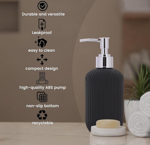 Image of 3PCS Set Bathroom Soap Dispenser Set with Toothbrush Holder and Vanity Tray Unbreakable (Black)