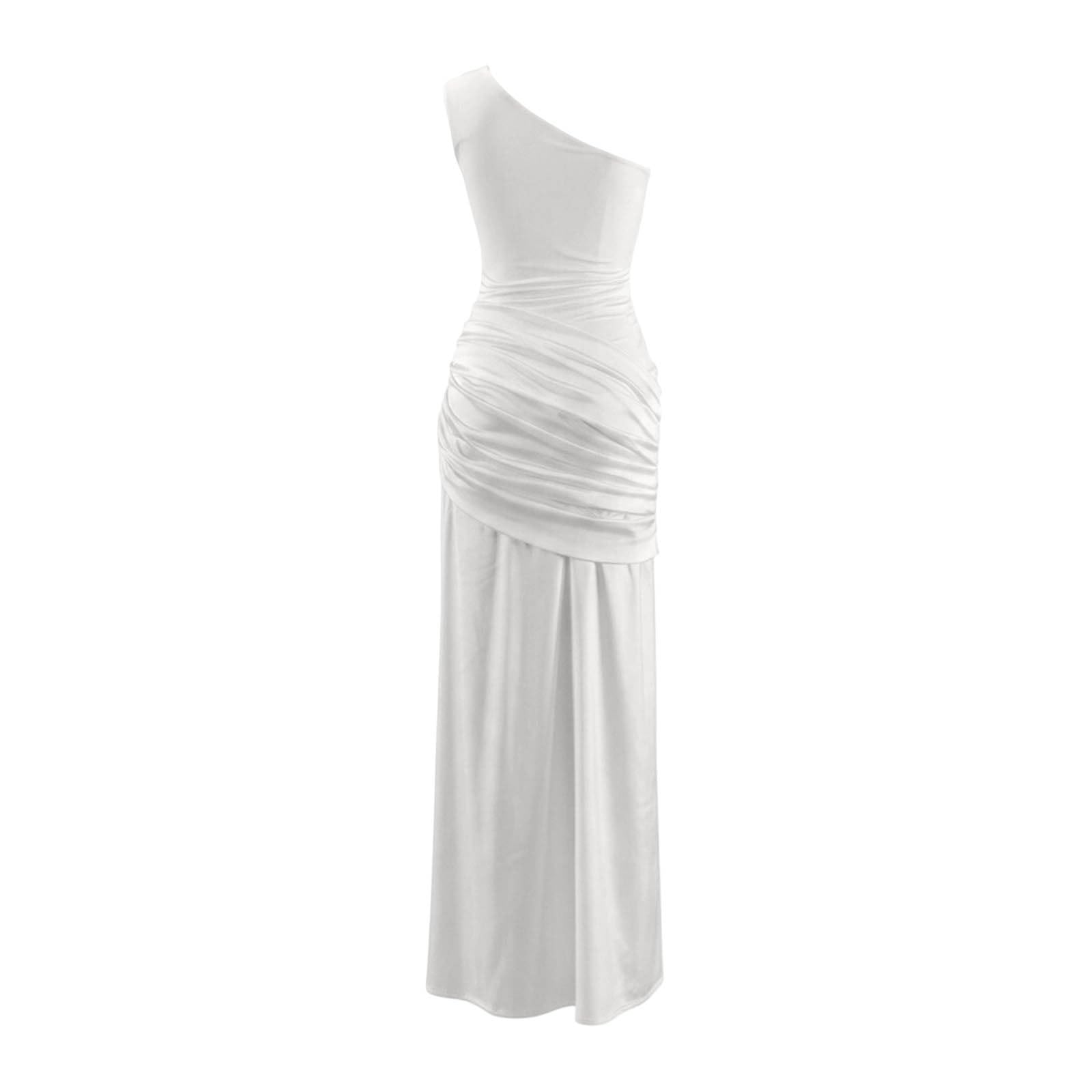 Generisch Robe midi asymétrique froncée en satin avec épaules asymétriques moulante élégante pour femme