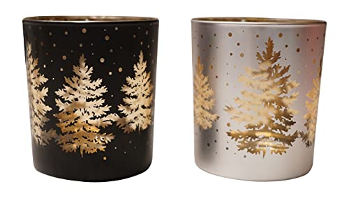 khevga Windlicht Weihnachten Winter aus Glas im Set Schwarz Weiß Gold Silber (Schwarz/Weiss/Gold, 2er Set Groß)