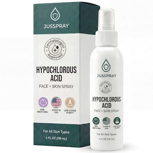 JusSpray™ Hypochlorous Acid Spray for Face and Skin | HOCI Facial Cleanser Mist | 4 oz Hypochlorous Acid for Face, Skin, Acne, Eczema, Body Acne Sprays, Piercing Aftercare, Wound Solution