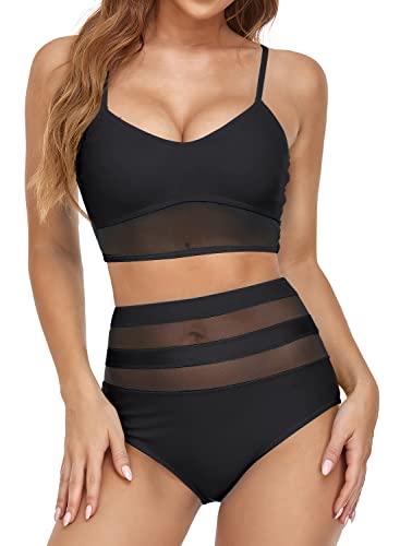 Husmeu Women's High Waisted Bikini Set Swimsuit for Women Tummy Control Two Piece Swimwear Mesh Padded Sporty Bathing Suits - Image 3