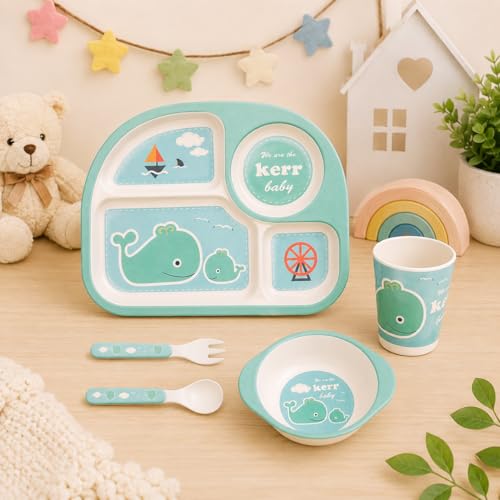 Image of Bamboo Kids Feeding Set of 5 | Kids Crockery Set Tableware |Baby Utensils and Dishes Set | Eco-Friendly |Organic & Natural (Green Whale.)
