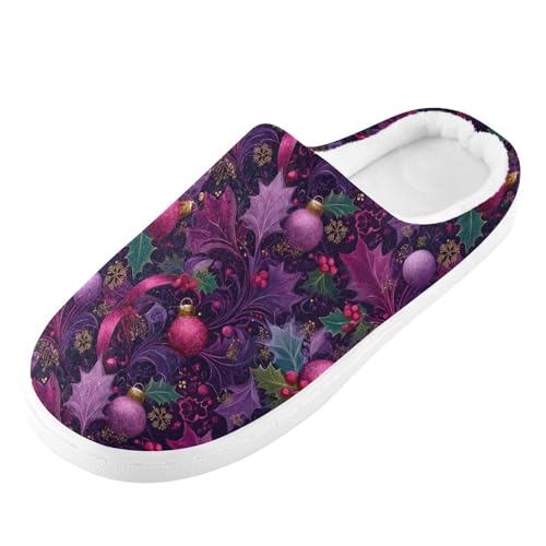 Fuzzy Memory Foam Slippers for Women/Men Ribbon Christmas Ball Leaves Pattern Fluffy Winter House Shoes Indoor and Outdoor