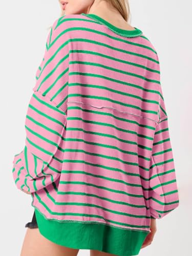 Tankaneo Womens Oversized Striped Sweatshirts Henley Shirts Color Block Casual Pullover Waffle Knit Tops Pink Green — view 2