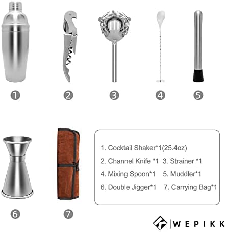 Wepikk Cocktail Shaker Set Bar Tools Mixology Bartender Kit Stainless Steel Drink Mixer Portable Carry Bag Travel Kit 25.4 oz Martini Whisky Mojito Margarita Tequila