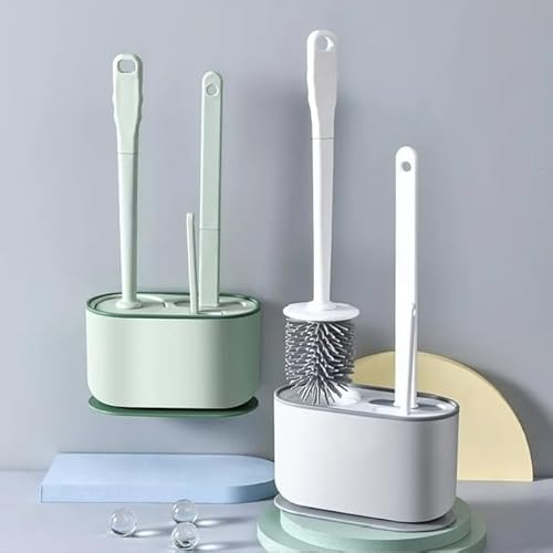 DAJS Toilet Brush 3pcs and Holder Sets, Deep Cleaner Silicone Toilet Brush with Ventilated Holder and Base for Anti-drip, Long Handled Scrubbing Brushes (White)