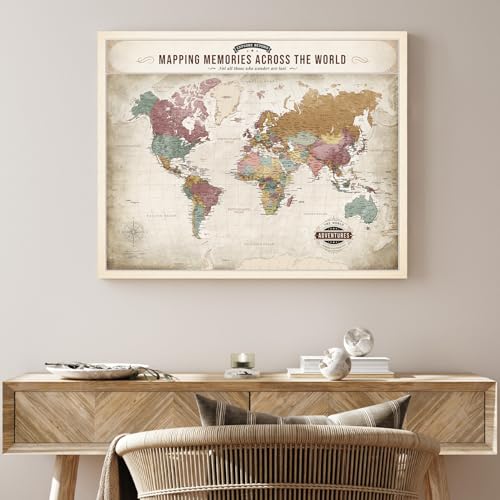 Image of DECORARTS - World Travel Map with Pins, Pin Board Canvas Wall Art, Soft Vintage Pastel World Maps for Wall, Giclee Print on Canvas, Handcrafted in USA, 20x16''