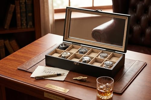 Image of Watch Box, Watch Case for Men Women with Large Glass Lid, Wooden Watch Display Storage Box with 12 - Slots, Charcoal Black Mens Watch Box Organizer