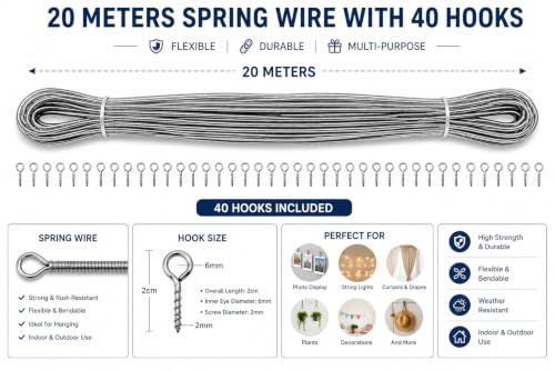 Image of Livshine Spring Curtain Wire 20 Meter with 40 Screw Eye Hooks, Flexible Metal Curtain Hanging Wire Kit for Windows, Cafe Curtains, Photo Display, String Lights and Decor