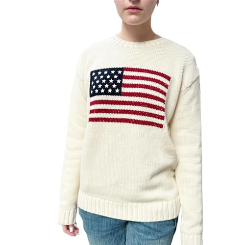 Image of Women's American Flag Sweater Vintage Star Print Long Sleeve Crew Neck Sweater Top 4th of July Knit Top