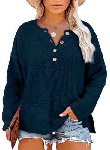 Eytino Womens Plus Size Sweaters Casual Long Sleeve Loose V Neck Button Henley Tops Pullover Knit Jumpers,(1X-5X)