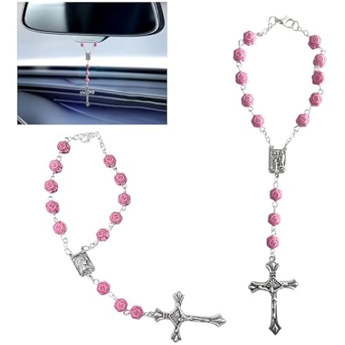 smilfuy 2PCS Car Rosary for Rearview Mirror, Pink Rose Rosary Pendant