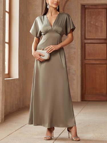 Women's 2025 Satin Dress Elegant Deep V Neck Flutter Sleeve A-Line Gown Cocktail Party Maxi Dresses2