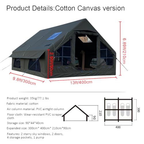 Sport Tent Waterproof 4 Season Army Cotton Inflatable Tents with Rain Cover and Pump,Air Tent 6-8 Person Glamping Tent Large Pop-Up Tents,Easy Setup