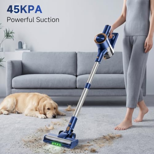 Image of Cordless Stick Vacuum Cleaner - Rechargeable,45Kpa Powerful Suction Vacuum for Home,45Mins Runtime,Detachable Battery,Anti-Tangle, 8 in 1 Lightweight Vacuum for Pet Hair Carpet Hardwood, Blue