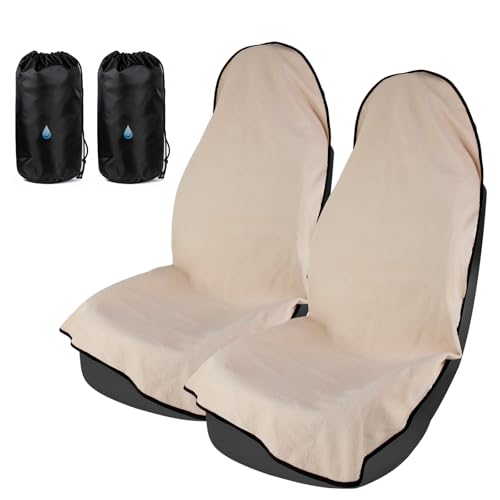Universal Car Seat Cover Towel, Waterproof Washable Sweat Protection for Front Bucket Seats, Non-Slip Fit, Fits Cars SUVs Trucks, Ideal for Gym, Kids, Pets, Outdoor Sports, Travel (Beige, 2 Pack)