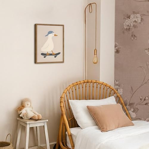 Cute Goose Wall Art Funny Silly Goose Skateboard Wall Decor Painting Whimsical Duck Poster Canvas Print Picture for Living Room Bedroom 12x16 inch Wood Framed - 4