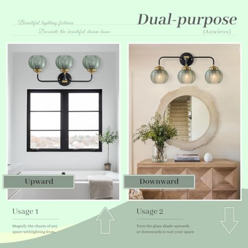 Image of Green 3 Light Bathroom Vanity Light Over Mirror, Black Wall Sconce | Vintage Wall Sconces Light Ribbed Glass Globe Wall Lamp Mid Century Bathroom Lighting Fixtures Art Deco Easy to install E26