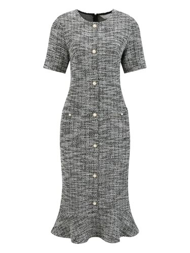 Image of Hobemty Women's Tweed Dress Short Sleeve 2025 Elegant Wedding Cocktail Bodycon Midi Fishtail Dresses