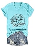 Women's Garden T-Shirt Find Me in the Garden Wheelbarrow Floral Graphic V Neck Tee for Plant Lovers Summer Top Blue