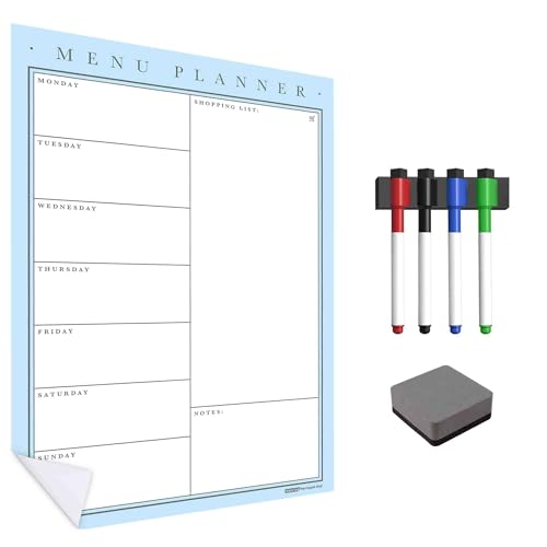 WallTAC - Planificador de comidas de pared A3 | Organizador semanal y planificador familiar | Menú de pizarra blanca autoadhesiva, reutilizable, extraíble y reposicionable (azul huevo de pato, A3)