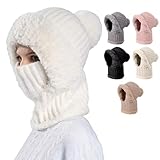 3 in 1 Beanie Damen Strickmütze im Herbst und Winter, warme Winter-Bommelmütze für kaltes Wetter., Weiss/opulenter Garten, 5