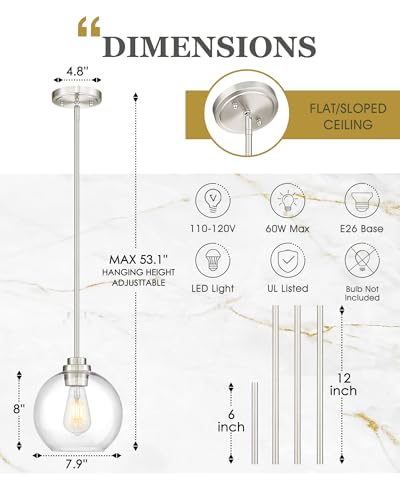 Image of 2 Pack Pendant Lights Kitchen Island, 8 inch Brushed Nickel Pendant Light Fixtures with Globe Clear Glass Shade, Modern Kitchen Island Lighting for Bathroom, AD-22280-2PL-SN