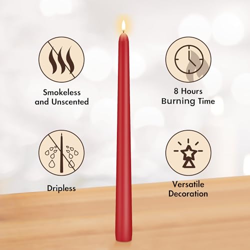 Image of KORCCI Taper Candles 10 Inch - Long Candles, 8 Hours Long Burning, Smokeless & Unscented & Dripless, for Weddings, Birthdays, Dinner Parties, Rituals, Prayer, Birthdays, Meditation (Red) (Pack of 2)