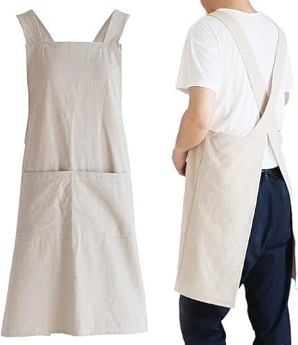 Japanese Linen Cross Back Apron for Men & Women - Kitchen Cooking Baking Apron with 2 Pockets, Durable Work Apron for Painting Gardening Cleaning BBQ Grilling, Unisex Adult Chef Apron (Khaki)