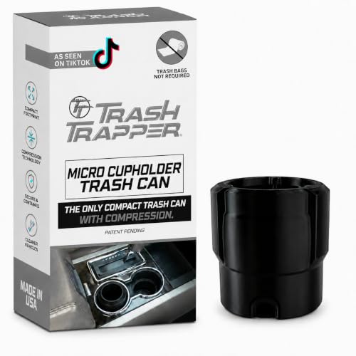 Image of Trash Trapper Car Trash Can Cup Holder | Micro Car Trash Can | Fits Flush in Most Cupholders | 3.5 inch x 3.5 inch | Traps More & Empties Less, Patent-Pending Compaction, Holds Small Garbage, Black /Black