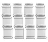 Mountain West Company 48 fl oz Square Clear Jar with Pinch Handle, 12 Count, Pantry Storage & Organization, Plastic Container with Lid