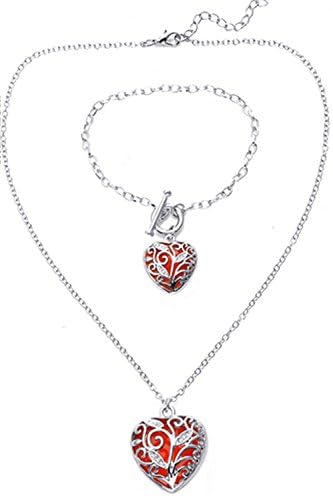 Big Heart Locket Glow in the Dark Necklace and Bracelet SET Polished Jewelry Pendant Steampunk Fairy Magical (Red)