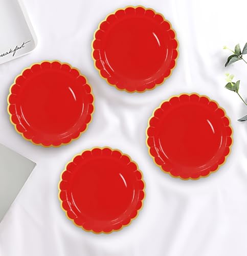 Image of HEIPINIUYE 50 Pieces Red Paper Plates with Gold Foil 7 Inch Disposable Red Scalloped Dinner Plates for Wedding Baby Shower Birthday Party Dessert Plate