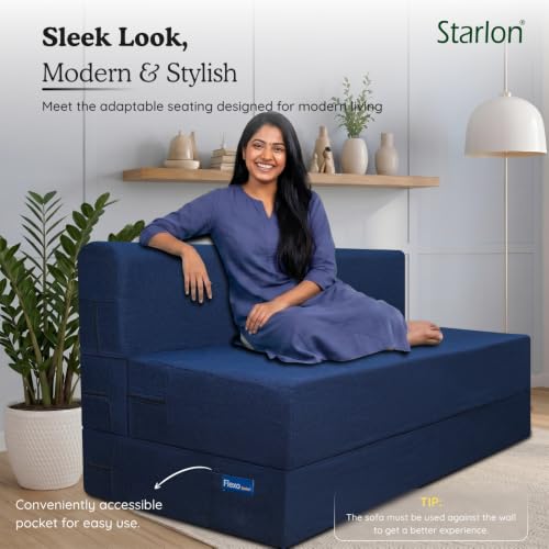 Image of Starlon 3 Seater Foldable Sofa Cum Bed 3-in-1 with 2 Floral Pattern Pillows, Washable Jute Fabric Cover, Space Saving Guest Bed, Royal Navy Blue 6x6 Ft