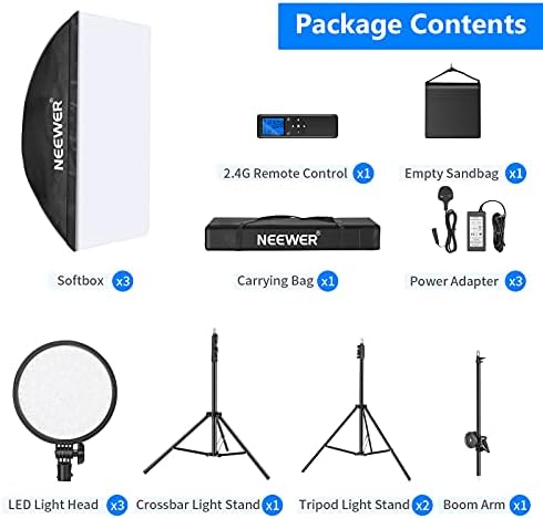 Neewer RGB LED Softbox Lighting Kit with 2.4G Remote: 3-Pack 48W Dimmable LED Light Head with 3200~5600K/CRI95+/360°Full Color/10 Scene Effect with Softbox, Stand and Boom Arm for Studio Photography