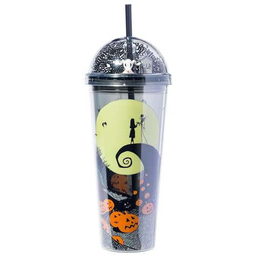 Image of Silver Buffalo Disney Nightmare Before Christmas, Travel Tumbler, 24oz | Tim Burton, Jack Skellington, Sally and Zero, Glitter Finish, Moon Scene, Dome, Top, 0.71 Liters