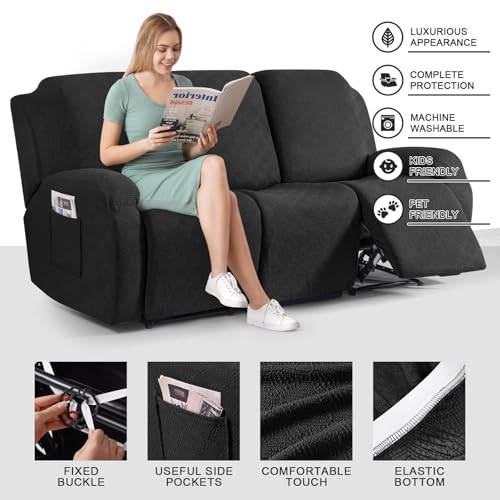 Image of Timeles Recliner Covers for 3 Seater Reclining Couch Covers Sofa Slipcover Furniture Protector for Dogs and Pets Stretch Soft Washable (Three-Seater, Black)