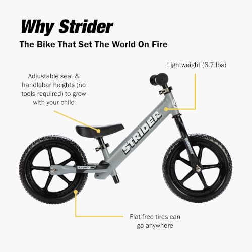 Image of Strider 12 Sport Bike, Matte Gray - No Pedal Balance Bicycle for Kids 1 to 4 Years - Includes Safety Pad, Padded Seat, Mini Grips, Flat-Free Tires-Easy Assembly, Tool-Free Adjustments
