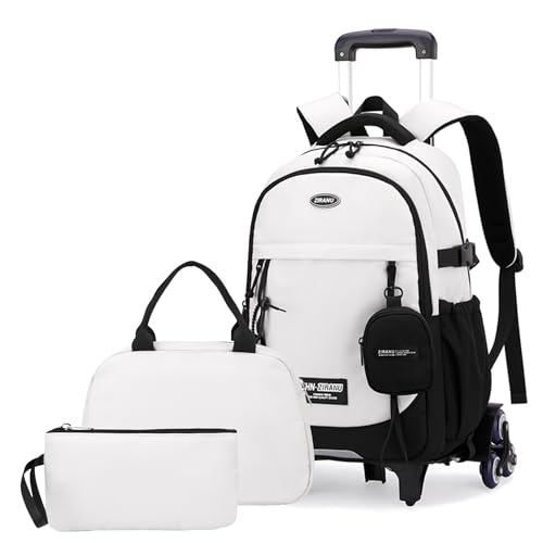 ZHANAO Mochila com rodinhas clássica para crianças, vários bolsos, mochila escolar para estudantes, 3 peças - branco - 6 rodas, 6 Wheels, Moderno