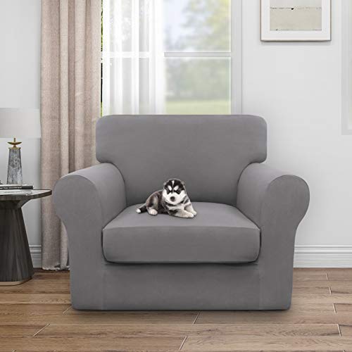 Image of Easy-Going Waterproof 2 Pieces Chair Cover Couch Covers for Sofa | Stretch Spandex Sofa Cover Protector Elastic Bottom for Cushion Couch Dog Pet Friendly Living Room Light Gray
