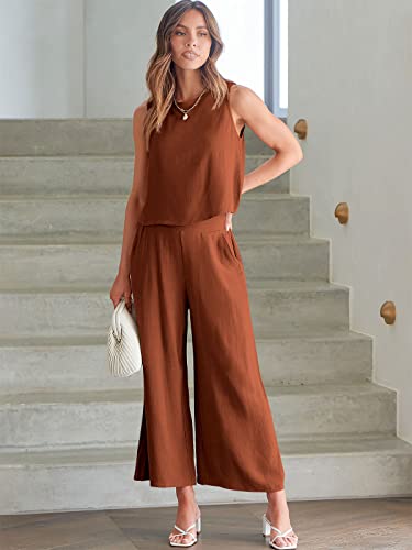 Image of ANRABESS Women's Summer 2 Piece Outfits Sleeveless Tank Crop Button Back Top Cropped Wide Leg Pants Set Pockets