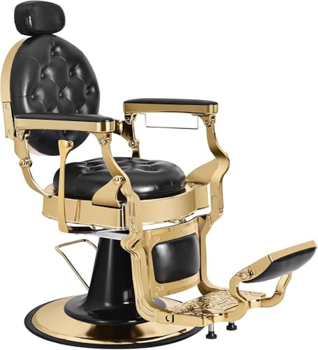 Hicomony Barber Chair Reclining Salon Chair Vintage Hydraulic All Purpose Barber Chair for Barbershop Hair Salon Chair Stylist, Black Gold