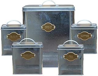 Muddy Hands 5 Piece Vintage Metal Kitchen Canister Set with Lid - Storage Containers for Biscuits Bread Coffee Sugar Tea